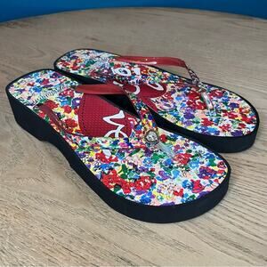 Brighton Posies Love Platform Sandals Floral Wedge Flip Flops Women’s Size 9